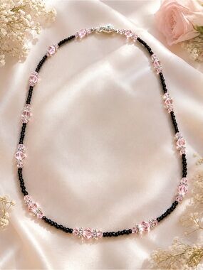 Handcrafted Pink & Black Crystal Beaded Necklace